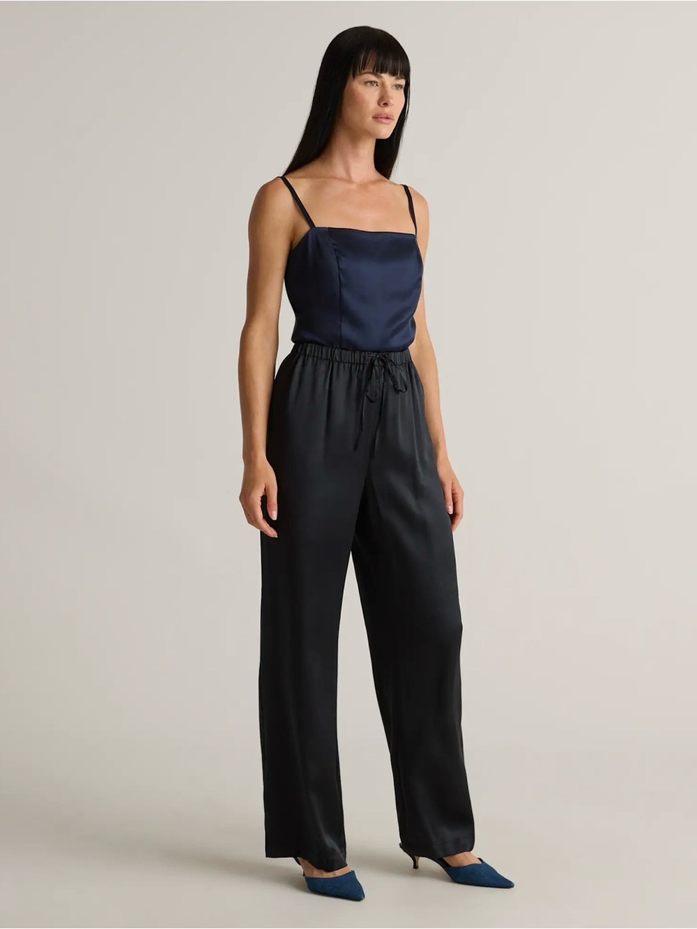 Quince Black Silk Washable Drawstring Wide-Leg Pants